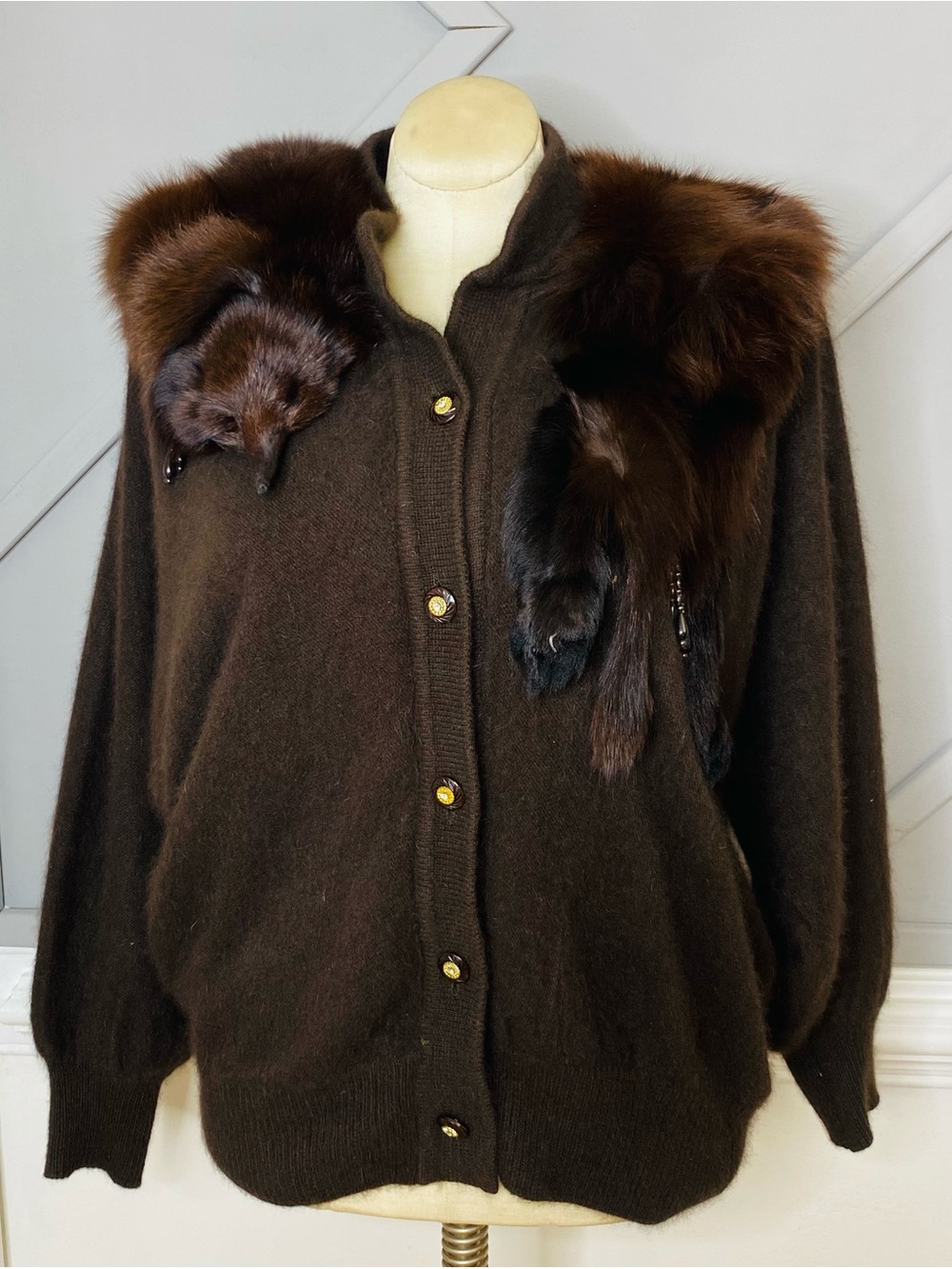 Vintage Kamiran Brown Angora Wool Knit Cardigan Real Fox Fur Collar Trim L